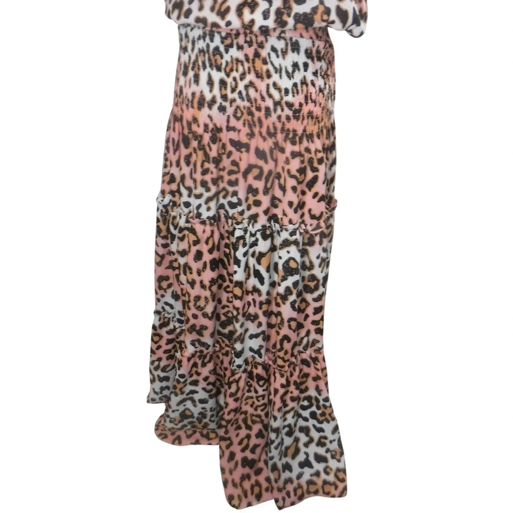 Buddy Love Leopard Print Maxi Dress Pink Orange Ombre Smocked Tiered Large NWT